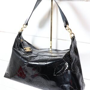 Chanel Black Perforated Patent Shoulder Bag with Flower Design